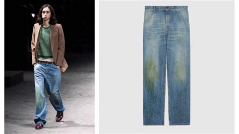 gucci pantaloni sporchi d'erba|I jeans con macchie di erba sono la nostalgica e audace idea di .